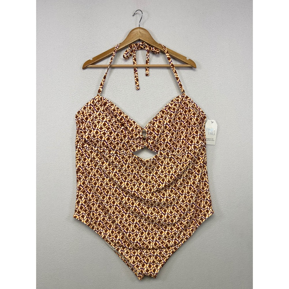 Boho Retro Geometric Time and Tru Womens 3X Brown One Piece Cutout Swimsuit